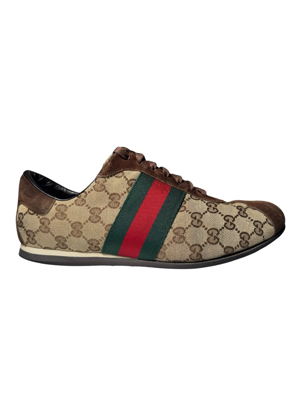 Gucci GG Canvas Web Stripe Sneakers Brown Suede Low Top Shoes Mens 8.5